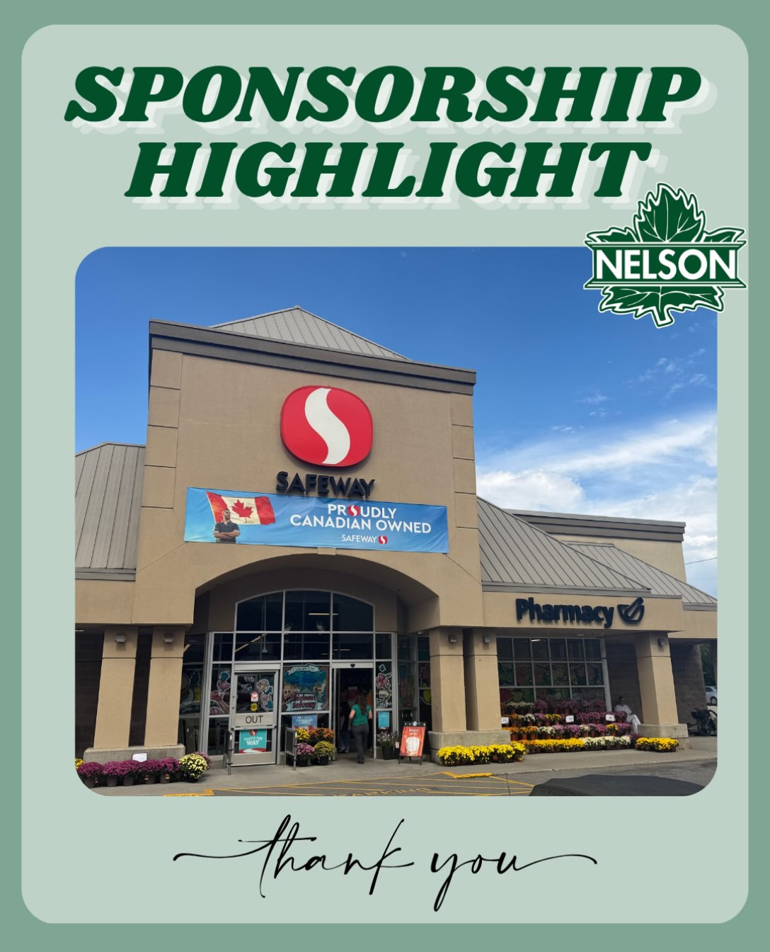 A massive thank you to one of our major sponsors, Safeway!🌟

Safeway is our Official Billet Sponsor, supporting our billet families throughout the season with gift cards and a special family discount on their grocery shopping.

Their support makes a real difference for the families who open their homes to our players and help make the Nelson Leafs family so special.

Be sure to check out the Safeway logo on the ice this season! 👀🏒 

Thank you, Safeway, for supporting our players, billet families, and the Nelson Leafs community! 💚