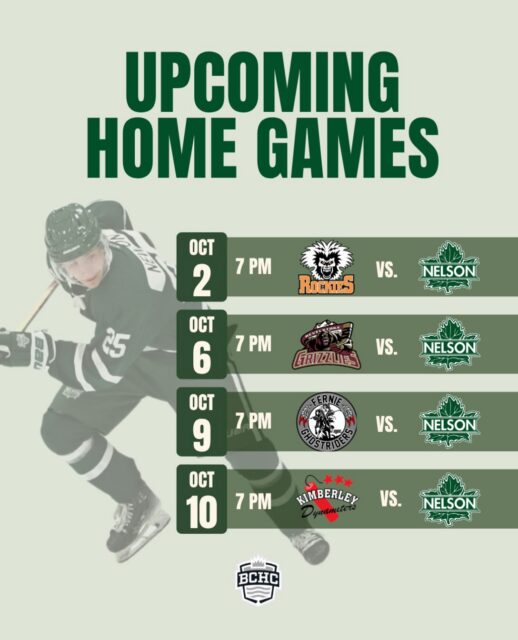 NEXT FOUR GAMES ARE AT HOME 🔥🏒

📍 NDCC
Oct. 2 vs. Columbia Valley
Oct. 6 vs. Revelstoke
Oct. 9 vs. Fernie
Oct. 10 vs. Kimberley

Who’s coming to watch?! 

Share this with someone you’re bringing to the rink! 💚