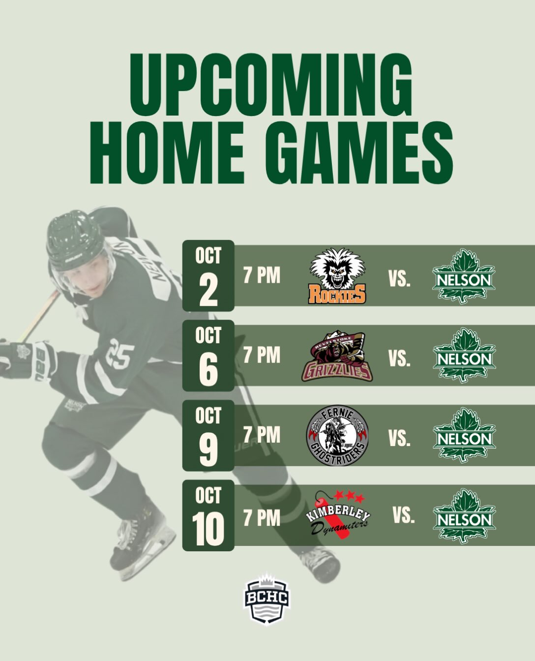 NEXT FOUR GAMES ARE AT HOME 🔥🏒

📍 NDCC
Oct. 2 vs. Columbia Valley
Oct. 6 vs. Revelstoke
Oct. 9 vs. Fernie
Oct. 10 vs. Kimberley

Who’s coming to watch?! 

Share this with someone you’re bringing to the rink! 💚
